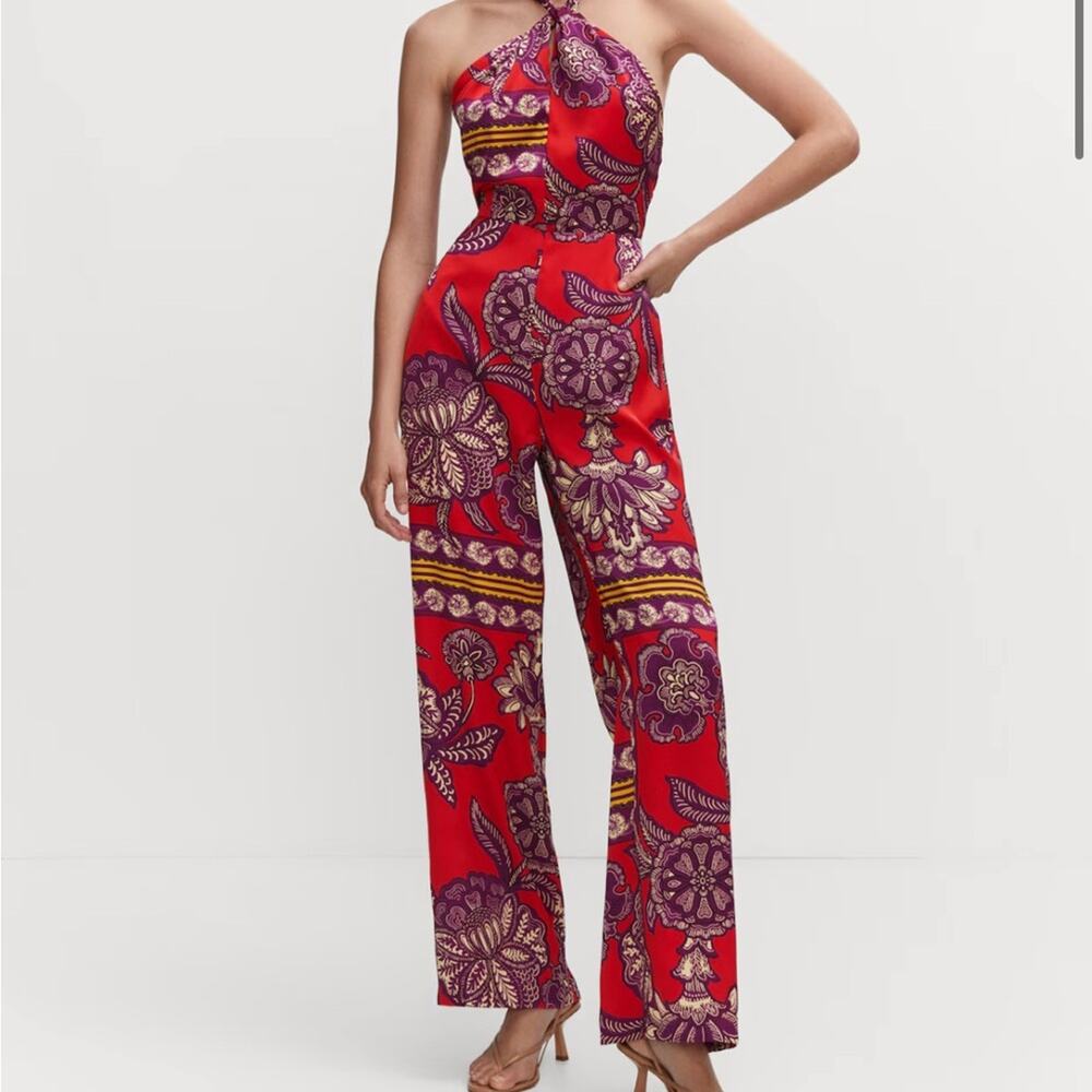Mango Red and Purple Halter Jumpsuit with Palazzo Pants